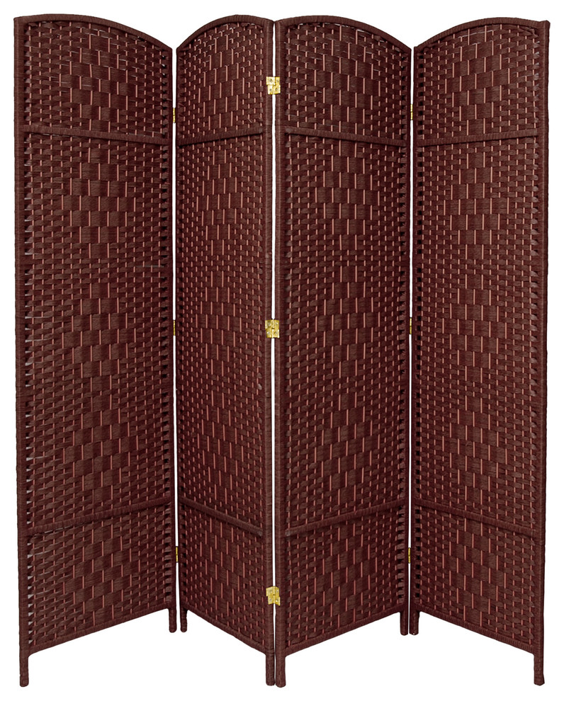6' Tall Diamond Weave Fiber Room Divider, Dark Red, 4 Panel