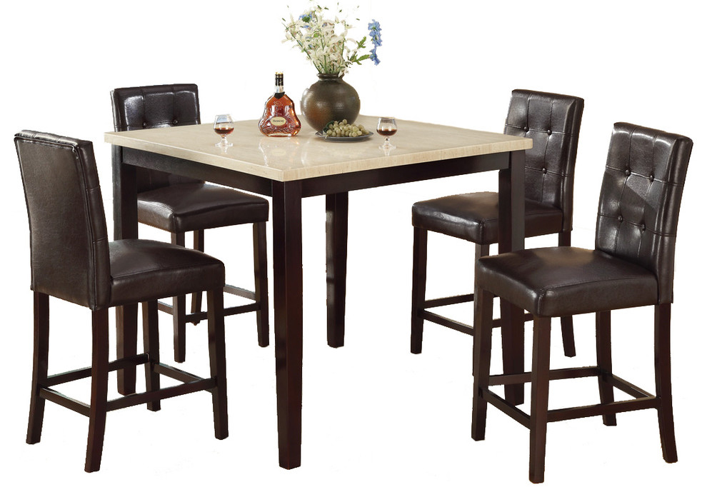 5-Piece Counter Height Set, Stone Slate Table, Button Tufted Chair, Espresso