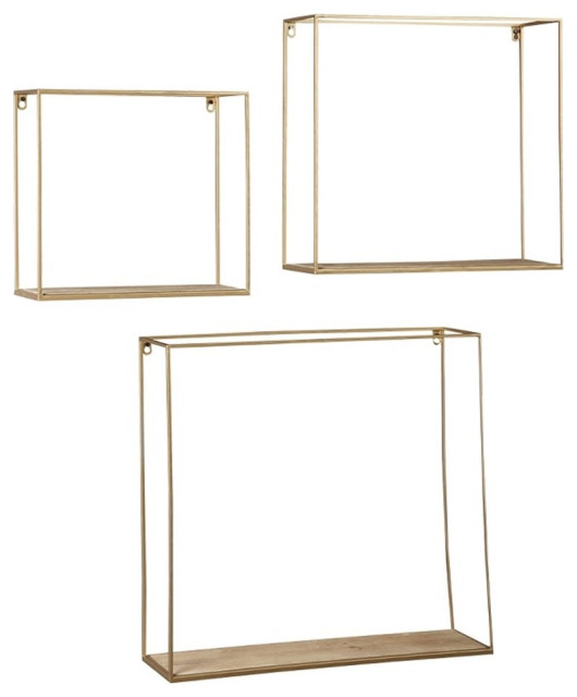 Metal Frame Wall Shelf with Keyhole Hanger Set of 3 Gold Contemporary