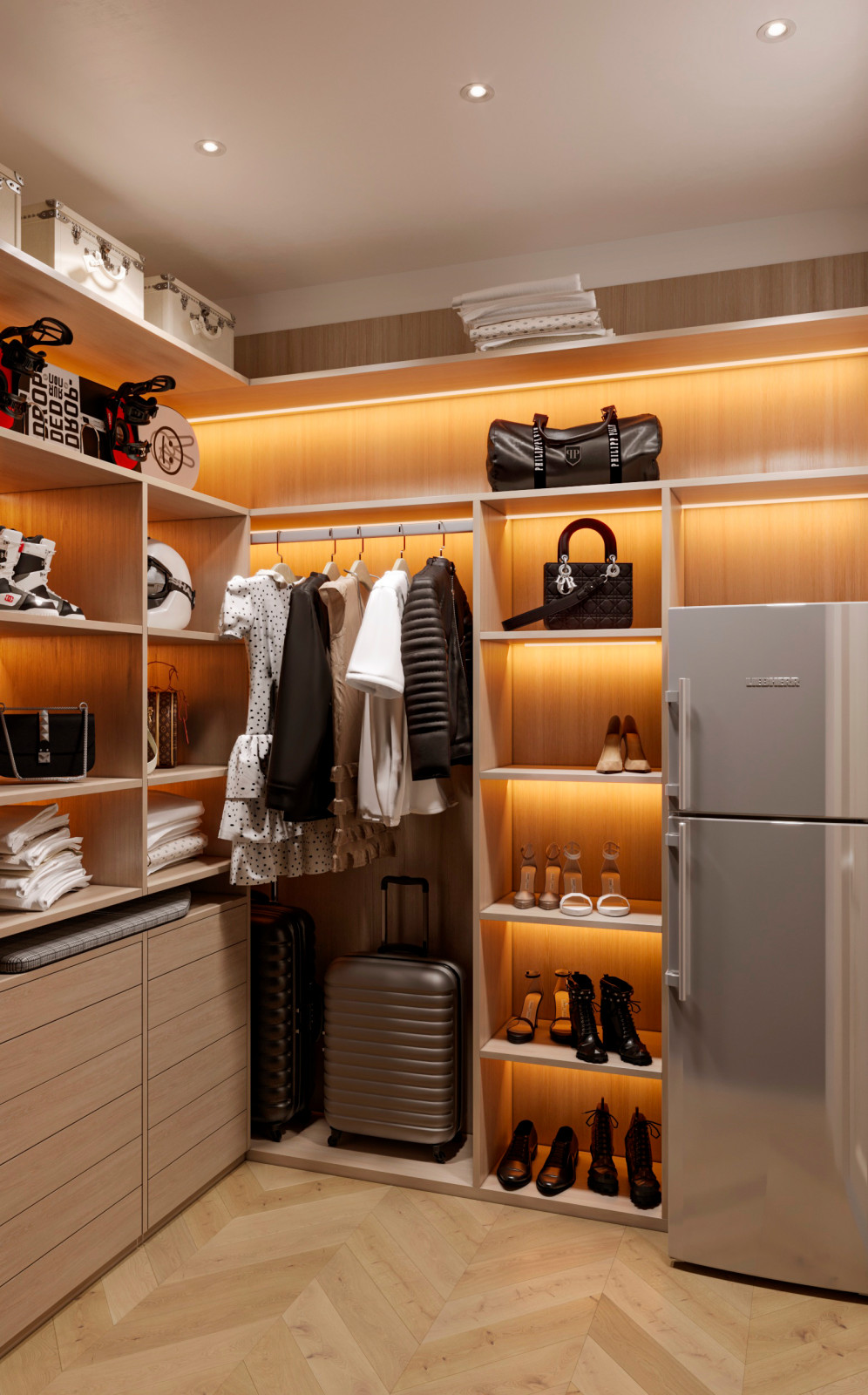 Спальня неоклассика в светлых тонах с гардеробом