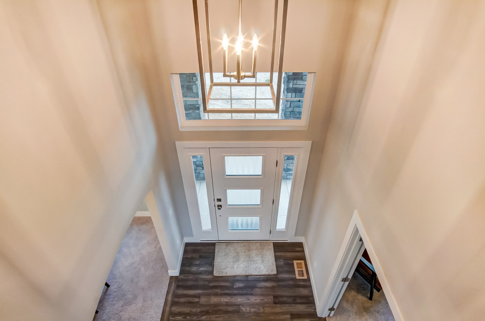 Example of a mid-sized transitional dark wood floor and brown floor front door design with beige walls and a white front door