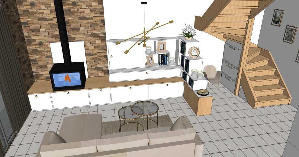 На фото: гостиная комната в классическом стиле с с книжными шкафами и полками, печью-буржуйкой, фасадом камина из каменной кладки, скрытым телевизором и обоями на стенах с