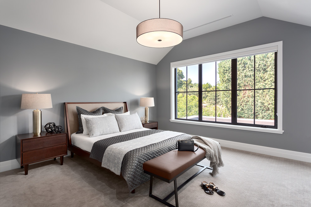 Design ideas for a mid-sized transitional master bedroom in Vancouver with grey walls, carpet and grey floor.