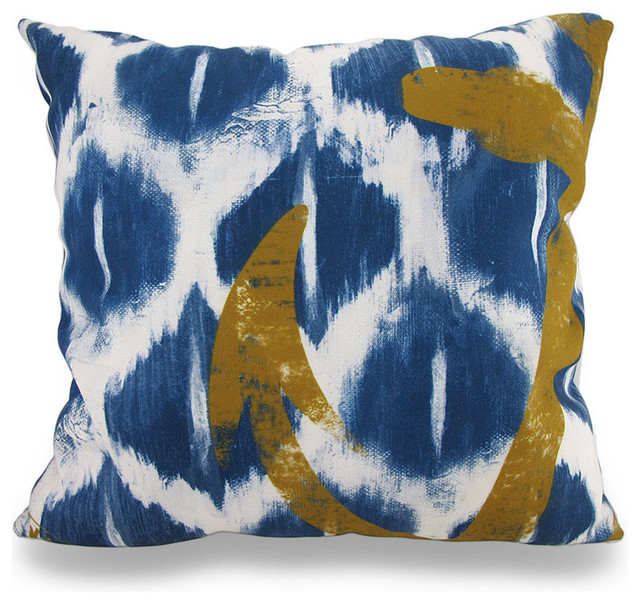 Blue and White Nautical Ikat Throw Pillow with Anchor Detail 18 in.