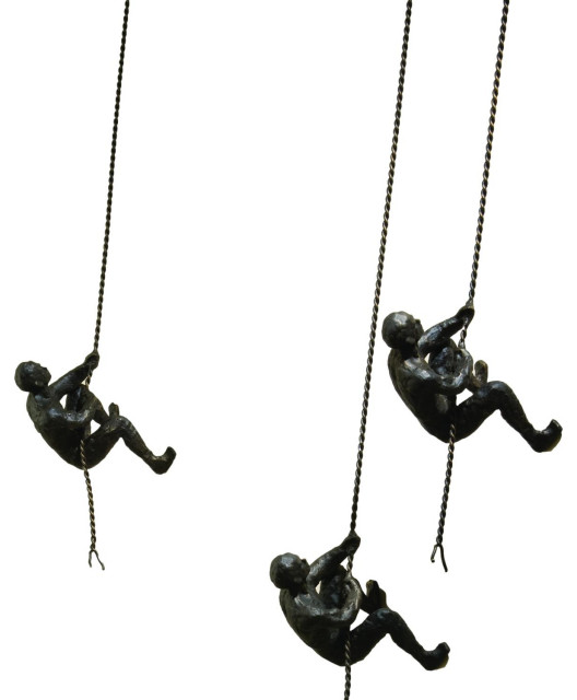 Bronze Metal Climbing Man Wall Sculpture Set 3 Hanging Climber Modern