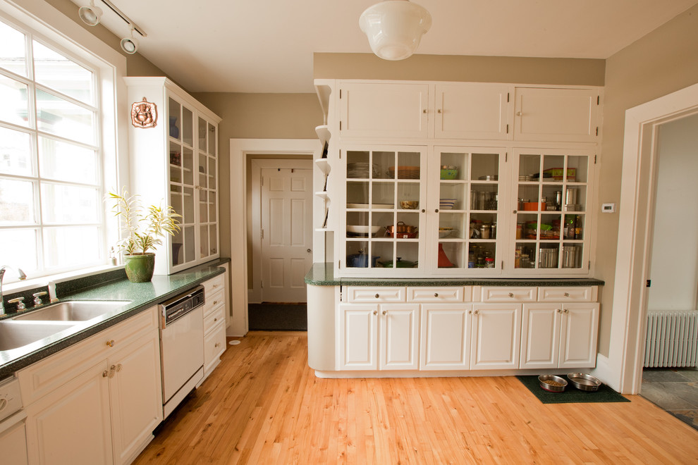 Large traditional l-shaped kitchen pantry in Chicago with a double-bowl sink, raised-panel cabinets, white cabinets, white appliances, light hardwood floors and no island.