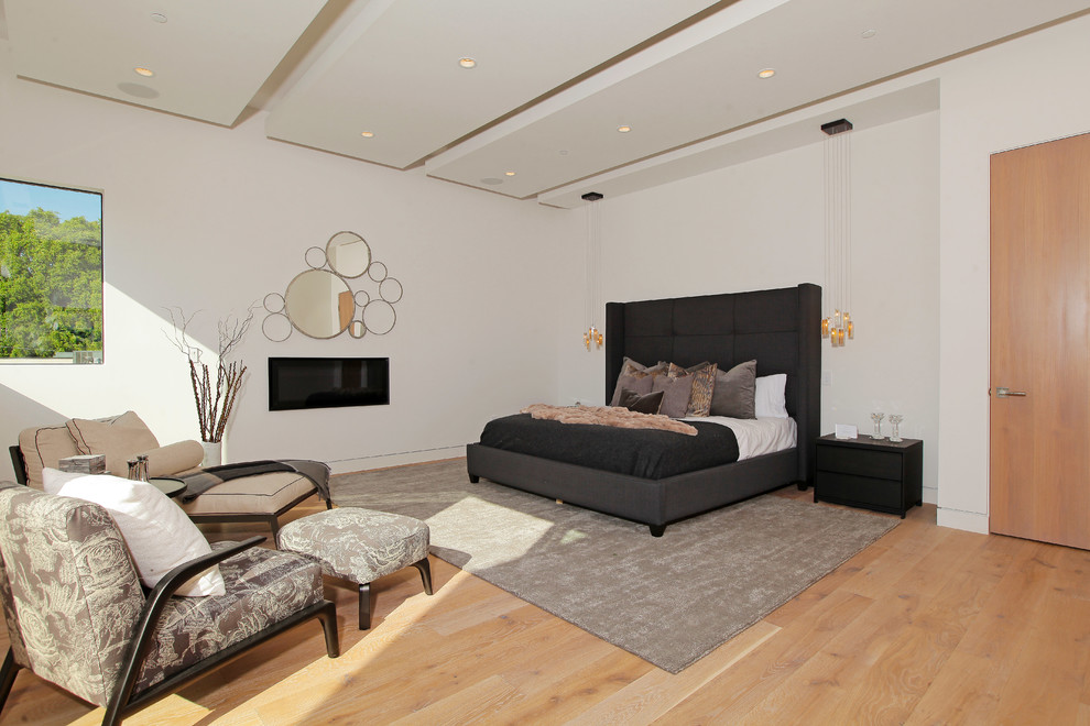 Design ideas for a contemporary bedroom in Los Angeles with white walls and light hardwood floors.