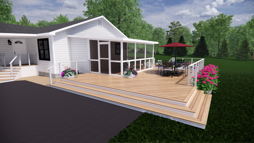 Idéer för att renovera en stor funkis veranda framför huset, med marksten i betong, takförlängning och räcke i trä