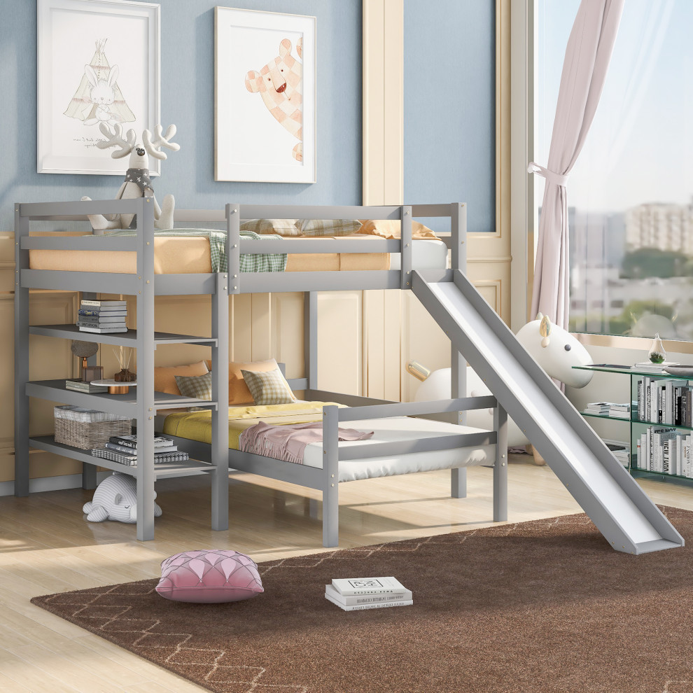 Full Size Loft Bed With Shelves Over Twin Separate Platform Bed, Gray Transitional Loft Beds