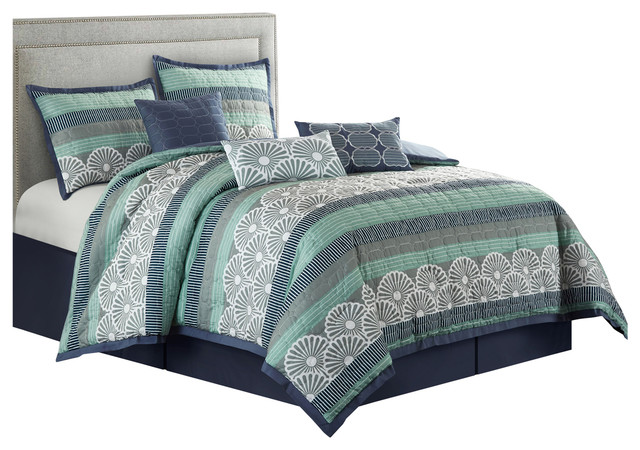 Mynda 7 Piece Comforter Set Navy Blue Tiffany Blue Contemporary