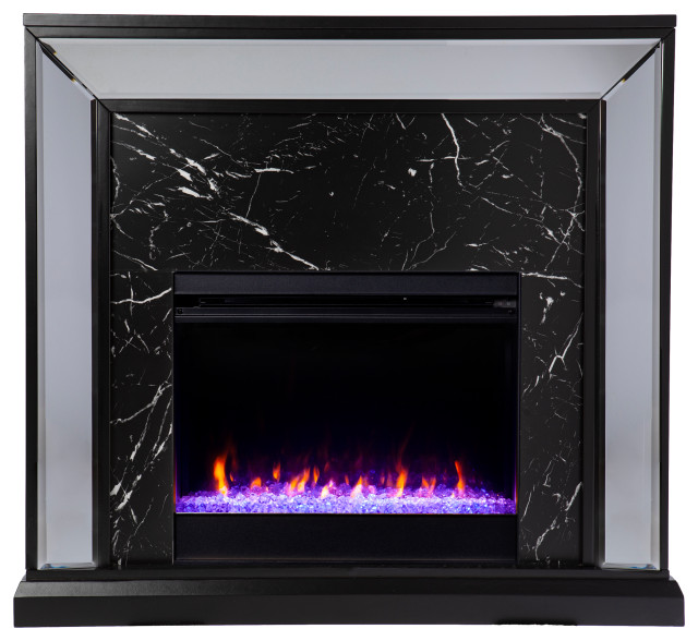 Trason Mirrored Faux Marble Color Changing Fireplace Transitional