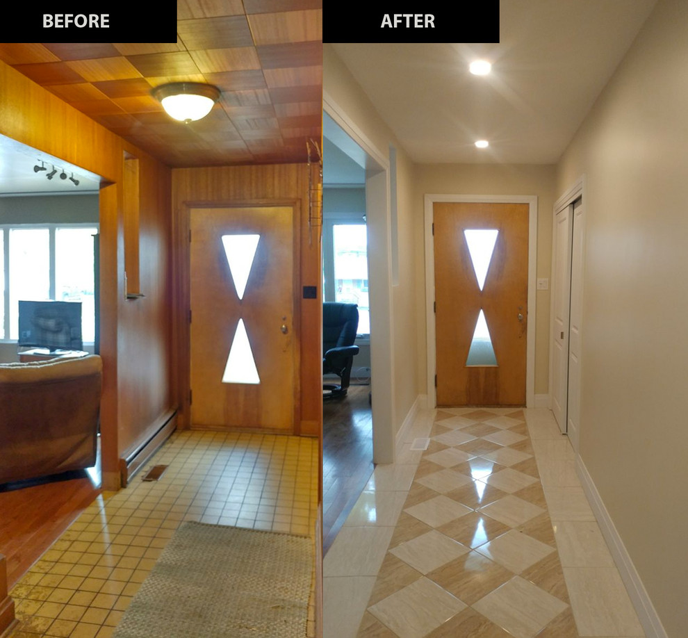 Hallway - transitional porcelain tile and multicolored floor hallway idea with beige walls