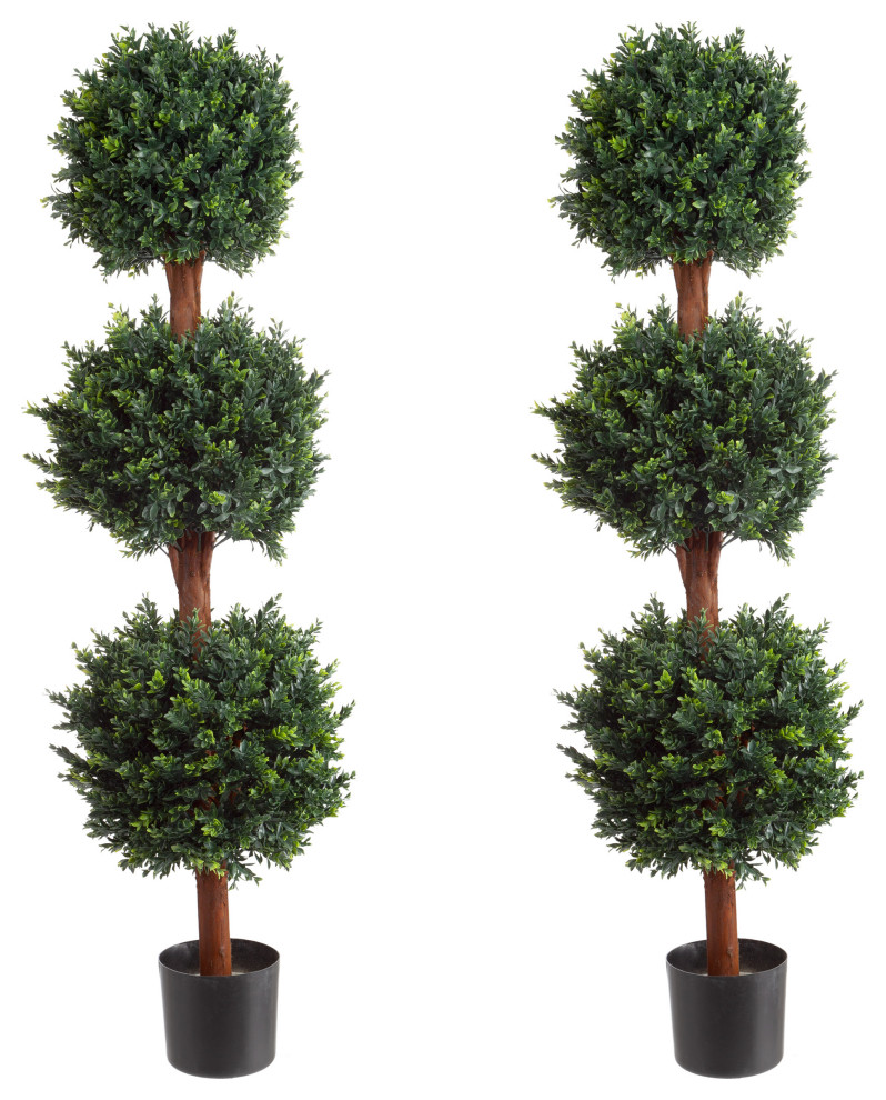Set of 2 Hedyotis 5' Topiary Faux Trees, Weighted Pots Indoor or Porch Decor