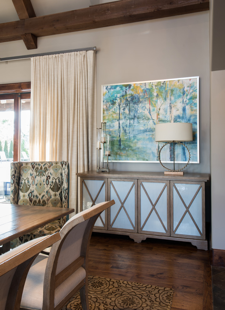 Great room - mid-sized transitional medium tone wood floor great room idea with gray walls