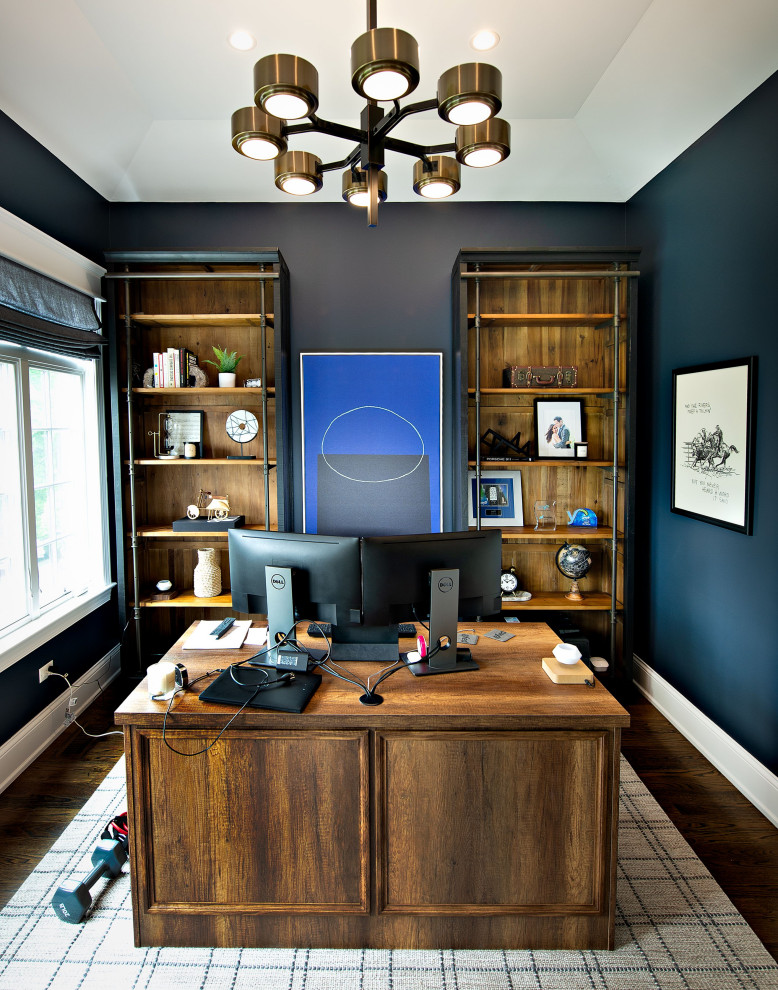 Inspiration for a medium sized contemporary home office in Chicago with blue walls, dark hardwood flooring, a freestanding desk, brown floors and a vaulted ceiling.