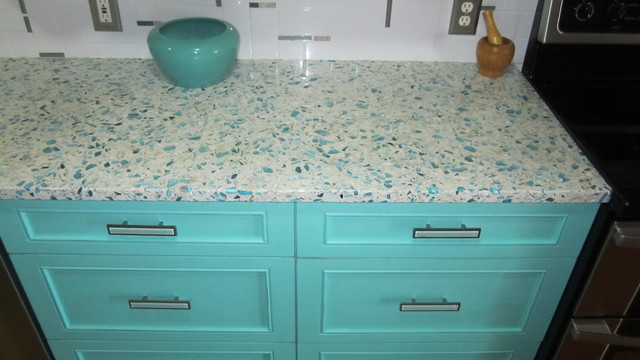 Floating Blue Vetrazzo And Teal Cabinetry Eclectic Kitchen