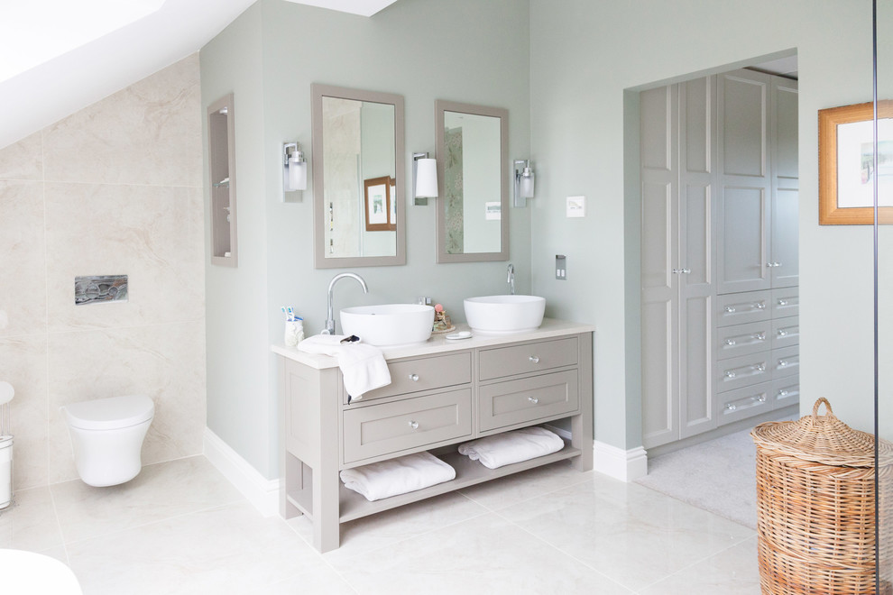 Design ideas for a transitional bathroom in Other with recessed-panel cabinets, grey cabinets and white benchtops.