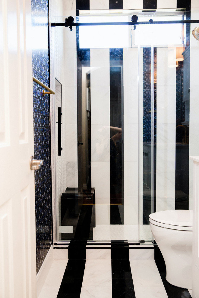 Design ideas for an eclectic bathroom in Austin with an open shower, black and white tile, a shower seat and wallpaper.