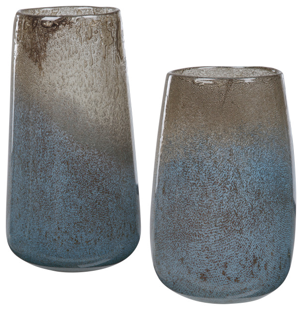 Seeded Art Glass Taupe Blue Ombre Vases Brown Mid Century Modern, 2Piece Set Contemporary