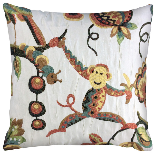 Monkeying Around Throw Pillow Rust Cream Brown Teal 18 X18
