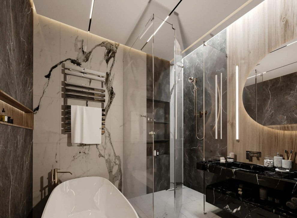 Idee per una grande stanza da bagno moderna con pareti bianche, pavimento in marmo e pavimento bianco