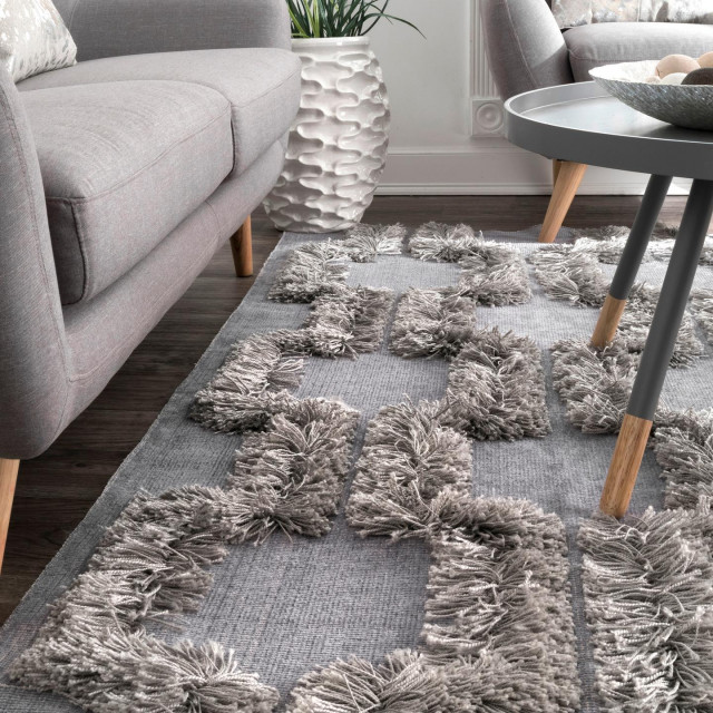 Contemporary Geometric Bloc Shag Area Rug, Silver, 5'x8' - Contemporary ...