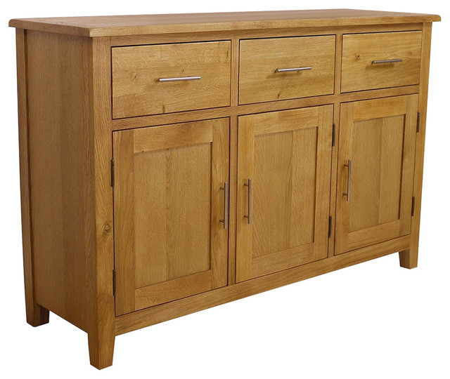 Contemporary Large Sideboard, Oak Finished Wood With 3-Door 3-Storage Drawer