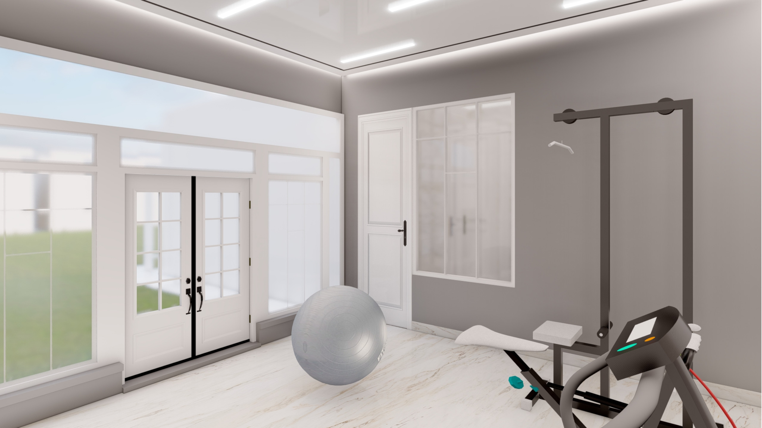 Elegant Grey and White Home Gym Design in Cobham