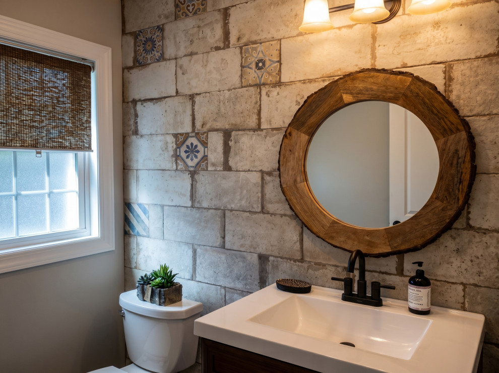 Powder Room with Concrete-Look Tile Feature Wall