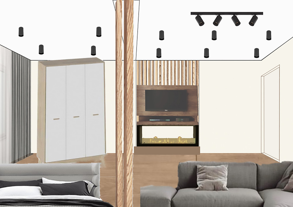 Брутальная квартира для холостяка с камином, вращающимся ТВ и девушкой