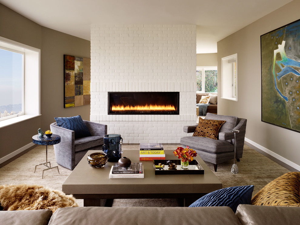 Mid-sized transitional open concept living room in San Francisco with beige walls, carpet and a ribbon fireplace.