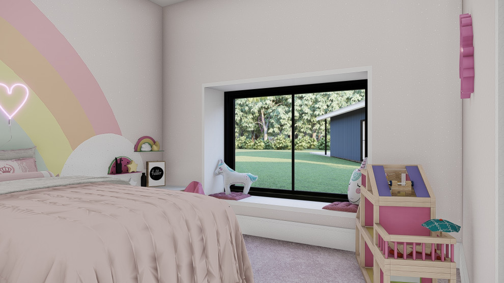 Imagen de habitación de invitados campestre de tamaño medio con paredes rosas, moqueta y suelo violeta