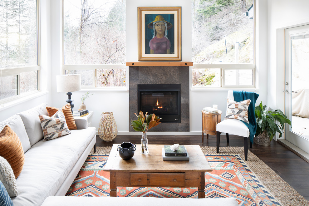 Inspiration for a transitional living room in Vancouver with white walls, dark hardwood floors, a standard fireplace, a tile fireplace surround and brown floor.