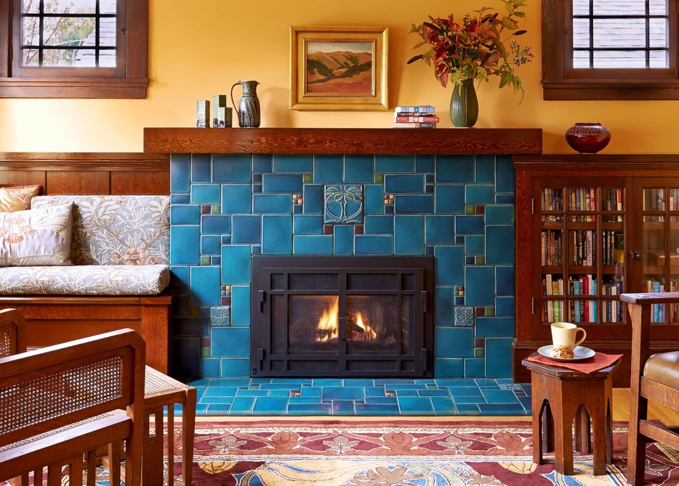 Arts and crafts enclosed living room in Detroit with a standard fireplace and a tile fireplace surround.