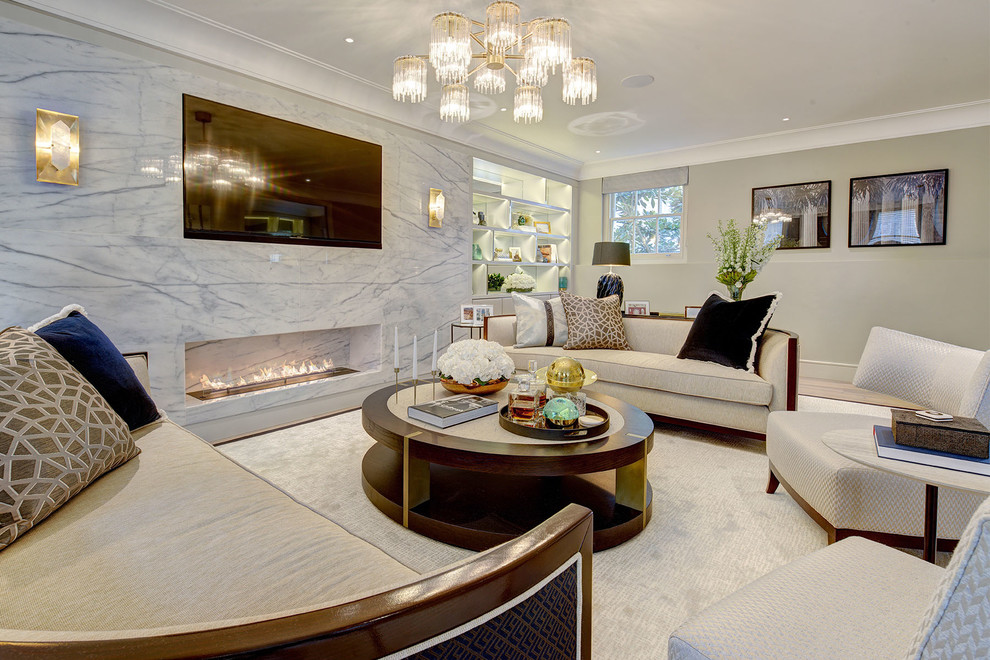 Design ideas for a mid-sized contemporary formal open concept living room in London with beige walls, light hardwood floors, a ribbon fireplace and a wall-mounted tv.