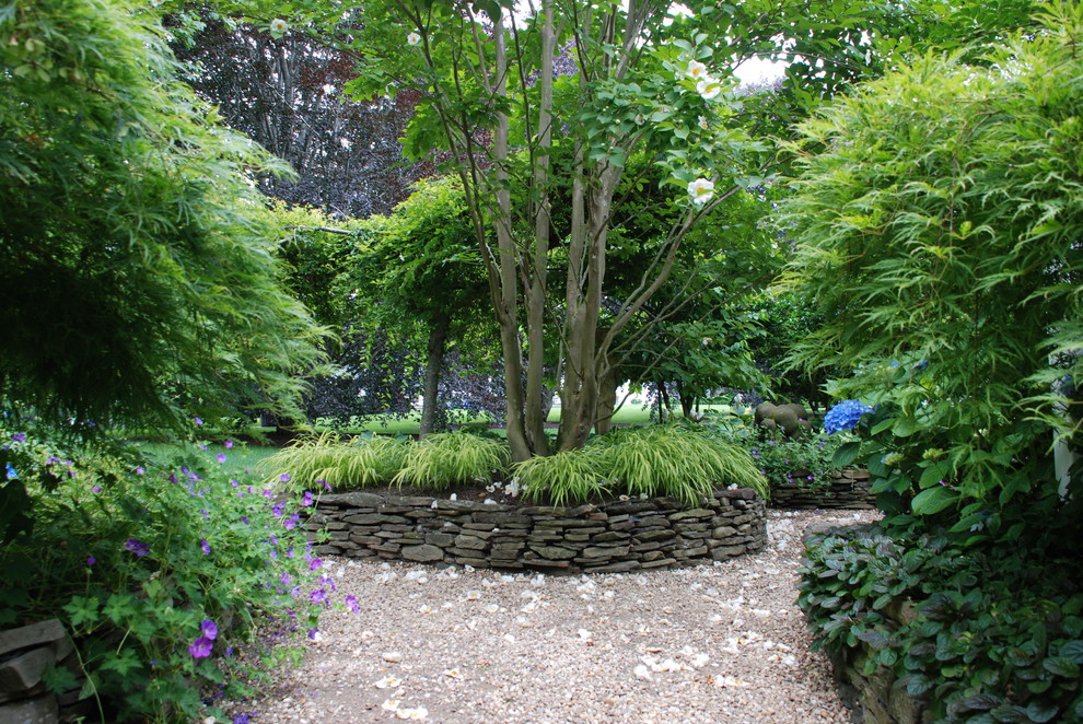 This is an example of an asian backyard shaded formal garden in New York with gravel.