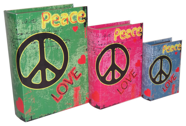 Home Set of 3 Book Box With Wild Colors, Peace And Love Printed On Vinyl