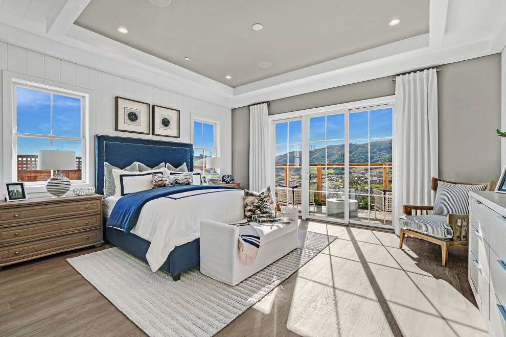 Bedroom - large cottage master ceramic tile, beige floor and coffered ceiling bedroom idea in San Francisco with gray walls