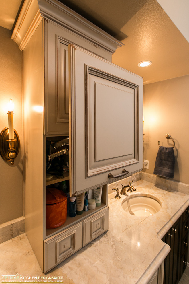 This is an example of a mid-sized traditional master bathroom in Orlando with an undermount sink, raised-panel cabinets, dark wood cabinets, engineered quartz benchtops, a double shower, beige tile, stone tile and travertine floors.