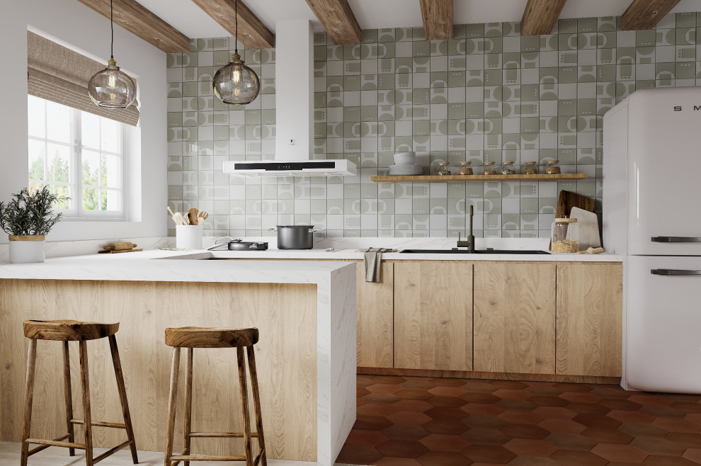 Imagen de cocina lineal contemporánea de tamaño medio con salpicadero gris y salpicadero de azulejos de cerámica