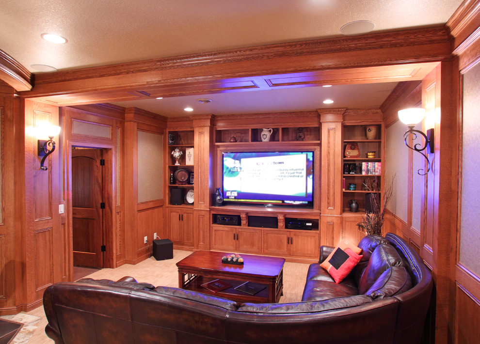 Large traditional open concept home theatre in Minneapolis with beige walls.