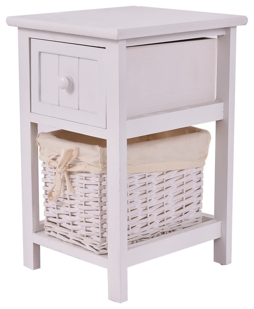 Wooden 2Layer BedSide End Table Nightstand With Basket + Drawer