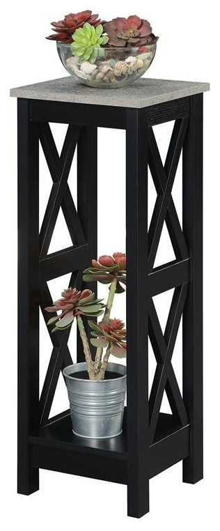 Convenience Concepts Oxford Tall Plant Stand in Black Wood and Faux Cement Top