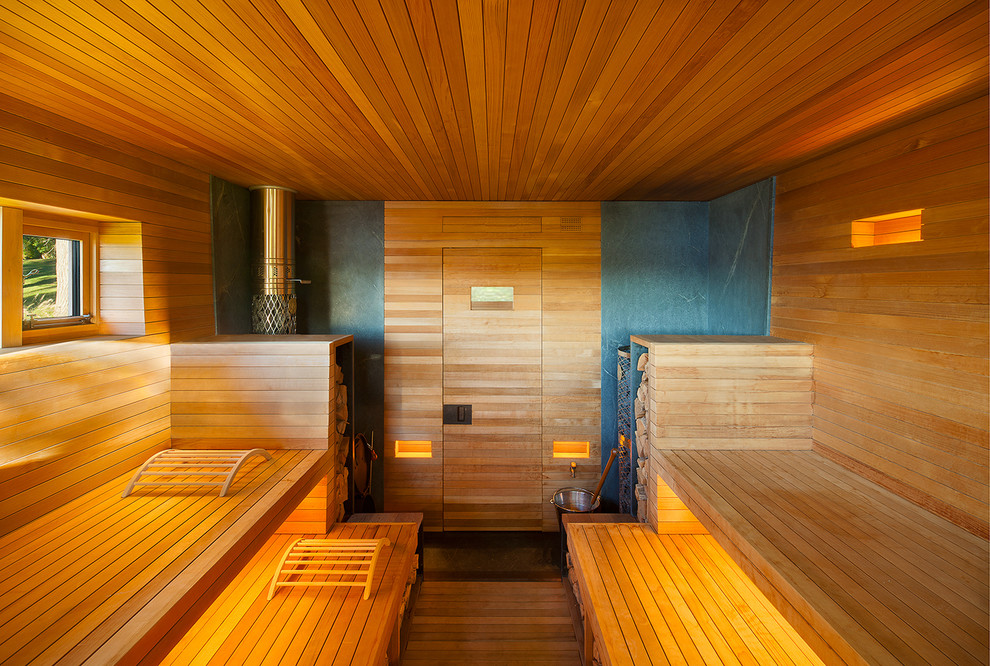 Inspiration for a modern bathroom in New York with with a sauna.