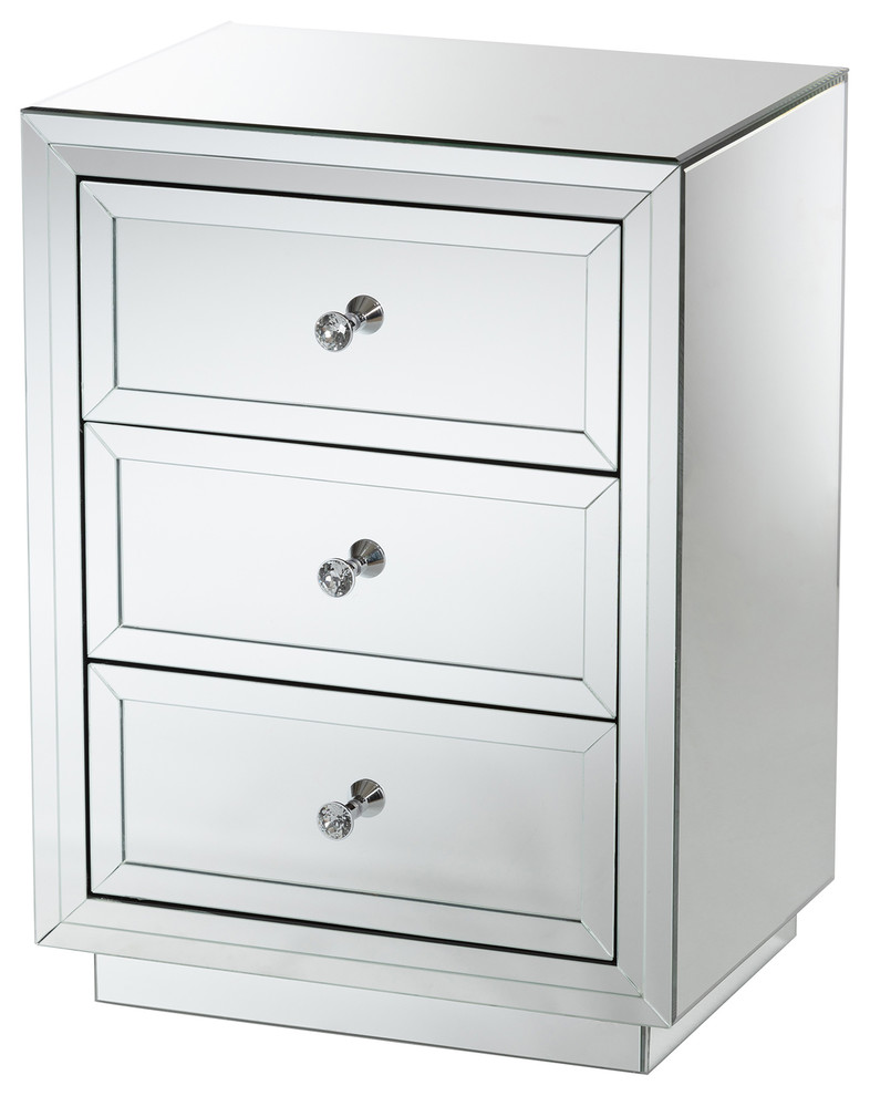 Aurora Hollywood Regency Glamour Mirrored 3Drawer Nightstand Bedside