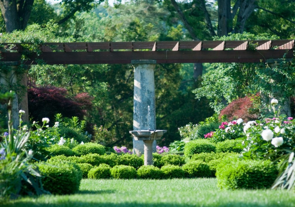 Inspiration for a traditional backyard garden in Other with a water feature.
