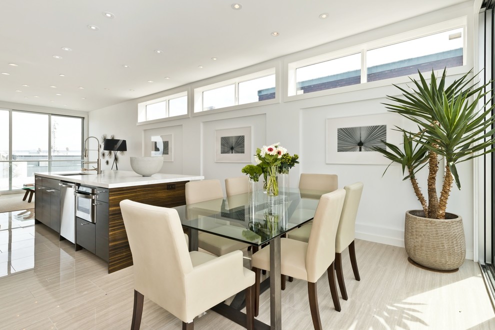 Inspiration for a contemporary open plan dining in San Francisco with white walls and beige floor.