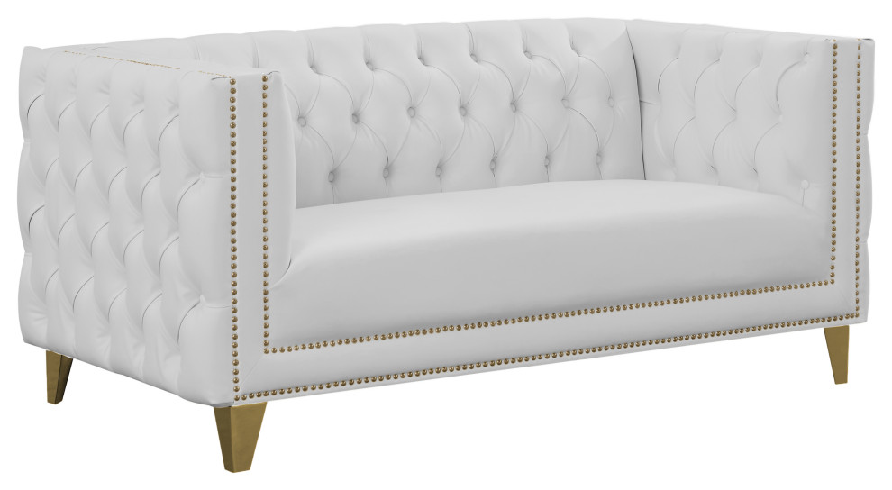 Michelle Fabric Upholstered Chair, Gold Iron Legs, White, Vegan Leather, Loveseat
