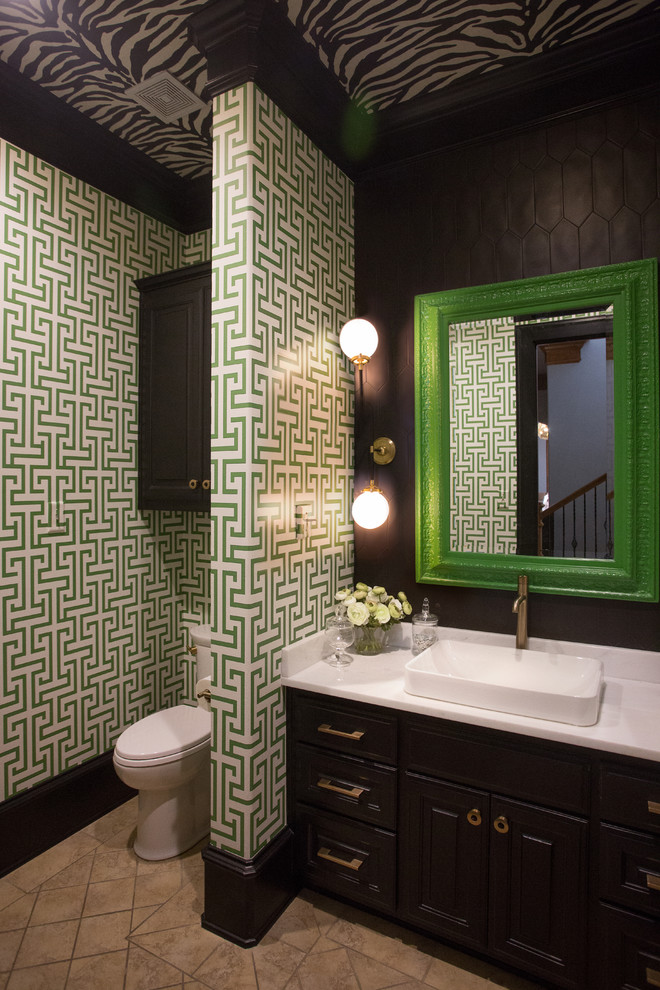 Design ideas for a large contemporary 3/4 bathroom in Dallas with raised-panel cabinets, black cabinets, a two-piece toilet, black tile, ceramic tile, green walls, ceramic floors, a vessel sink, laminate benchtops, beige floor and white benchtops.