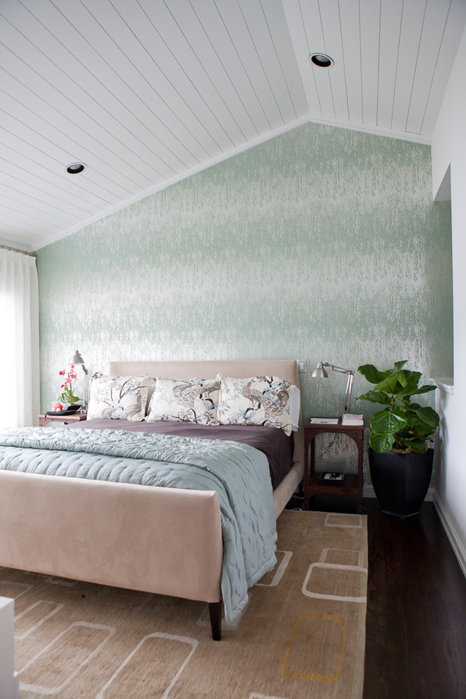 Design ideas for a contemporary bedroom in Portland with green walls.
